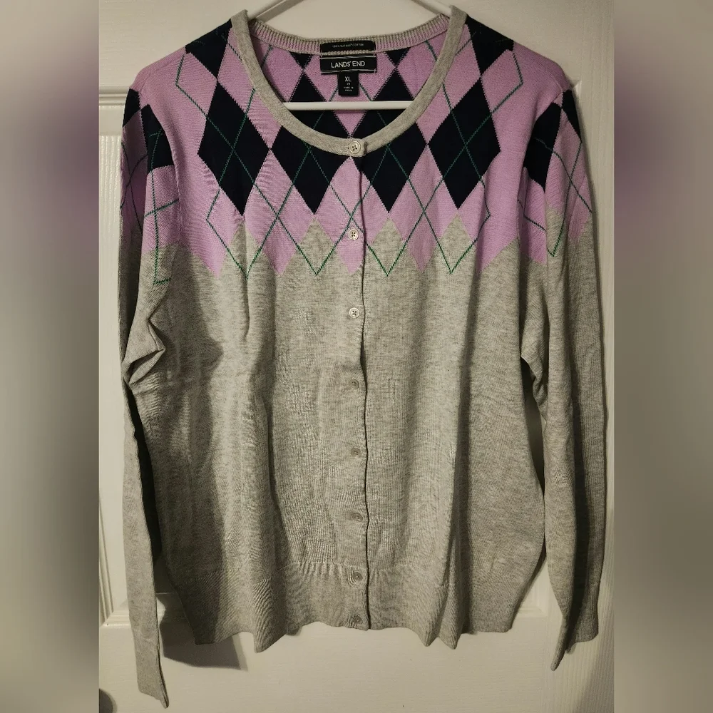 Lands' End Women's Supima Cotton Long Sleeve Cardigan Gray Heather Argyle XL NIP - Picture 1 of 5